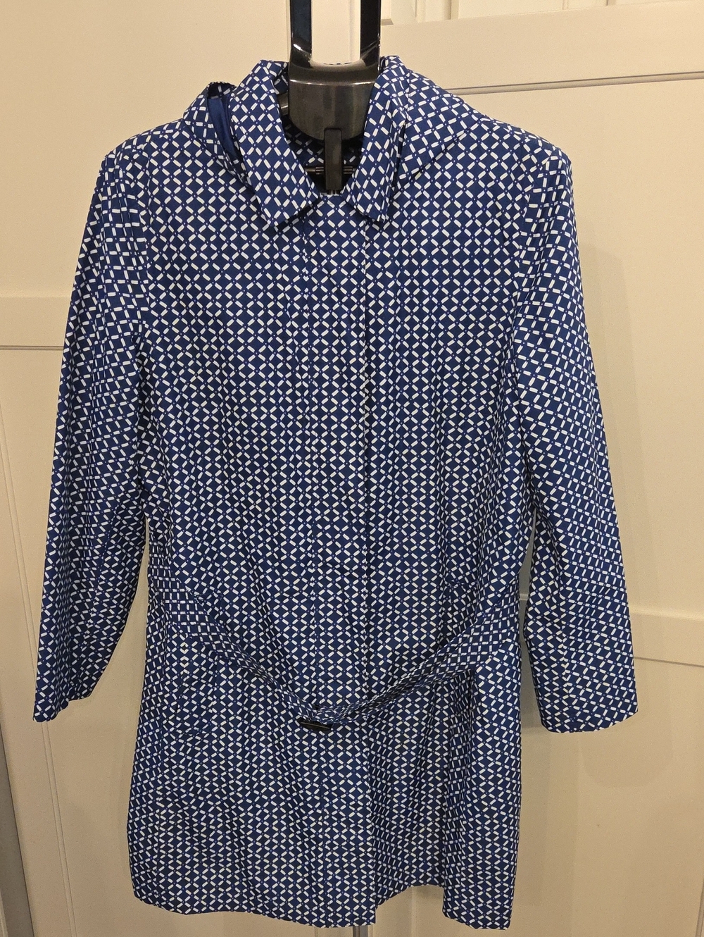 Lands' End Navy & White Geometric Tie-Waist Trench Coat Size L